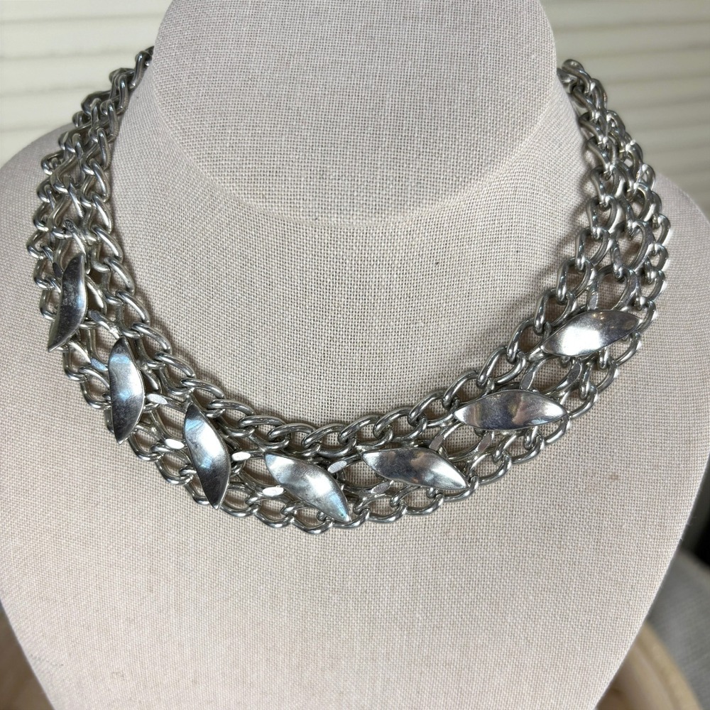 1970s Brutalist Silver Tone Necklace Paisley Style Mid Century Statement Chain